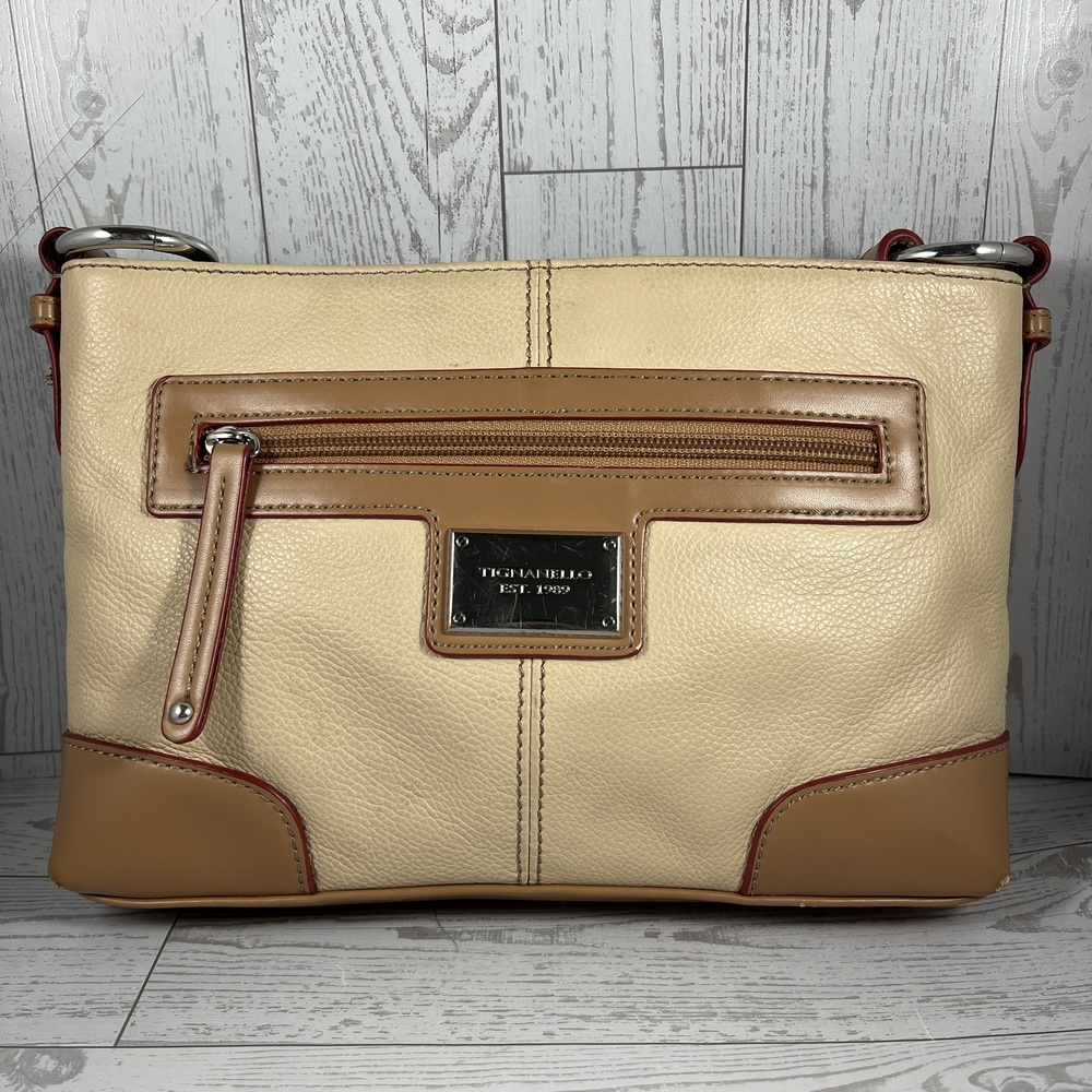 Cream & Brown Tignanello Handbag Crossbody Two Tone Multiple Pocket Classic Chic - Picture 1 of 11